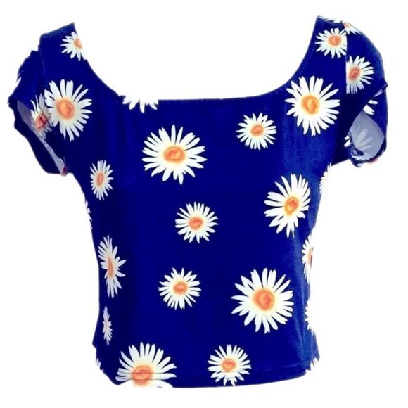 Shein blue daisy cropped  top, S - Picture 2 of 6